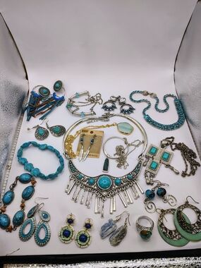 Turquoise Statement Necklace, Earring, Bracelet, Ring Set - Blue Boho Jewelry